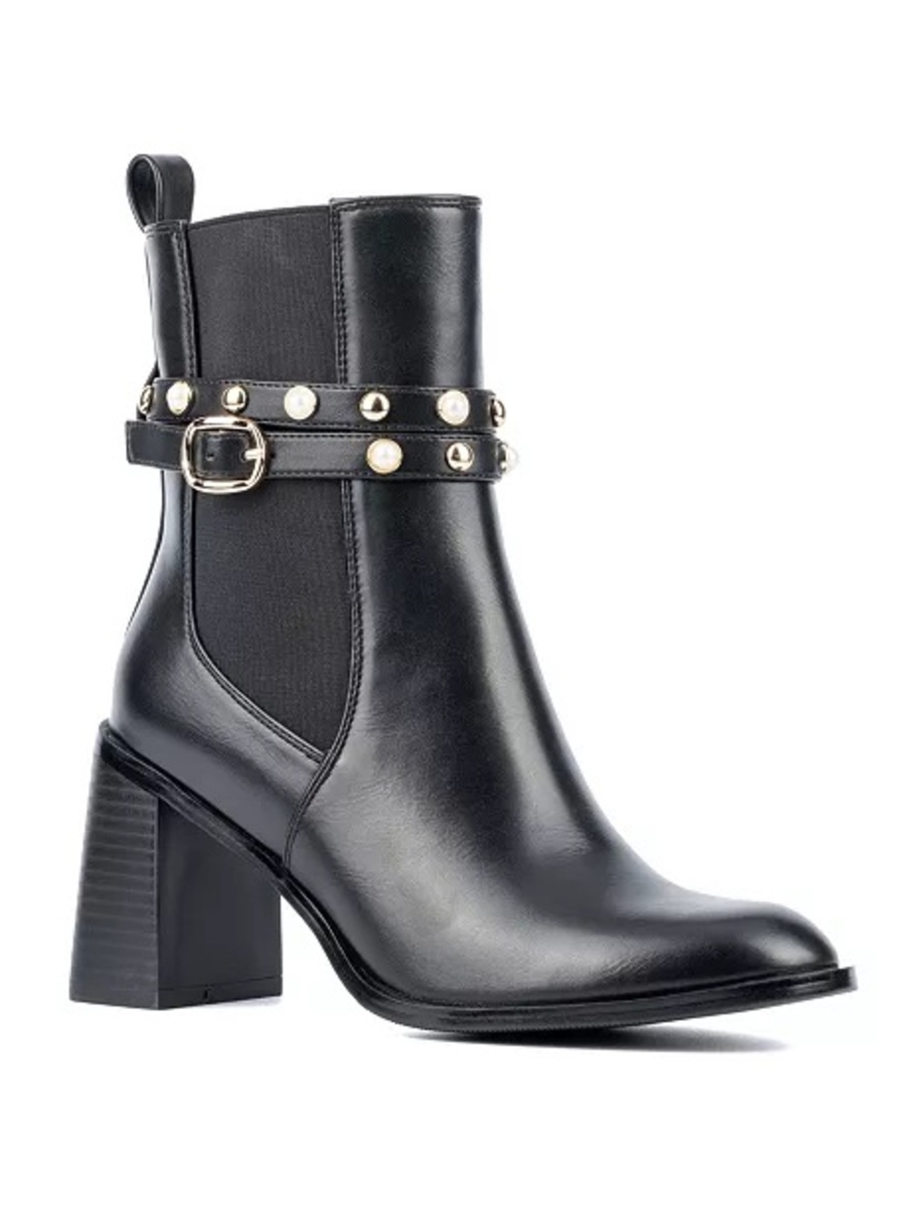 Black Studded Strap Leather Ankle Bootie - Women